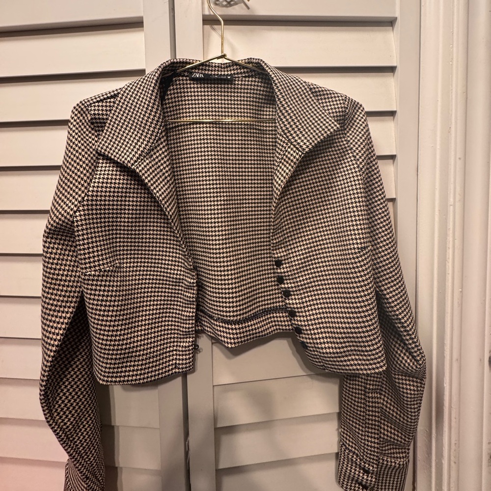 Zara Black and White Houndstooth Blazer